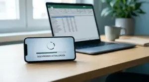 Smartphone con descarga de aplicación móvil y datos técnicos en pantalla neutra