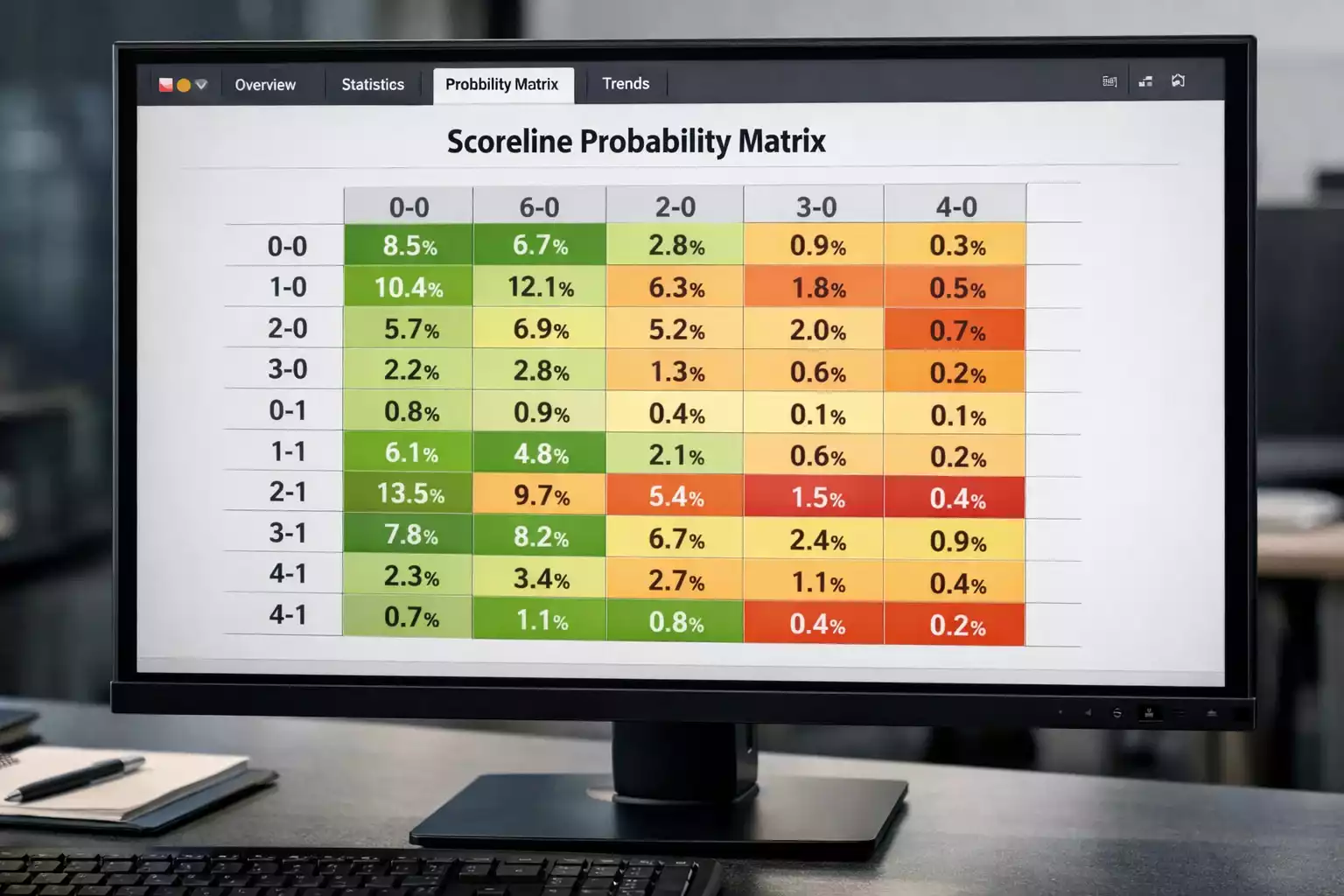 Matriz de probabilidades de marcadores de f&uacute;tbol en una pantalla