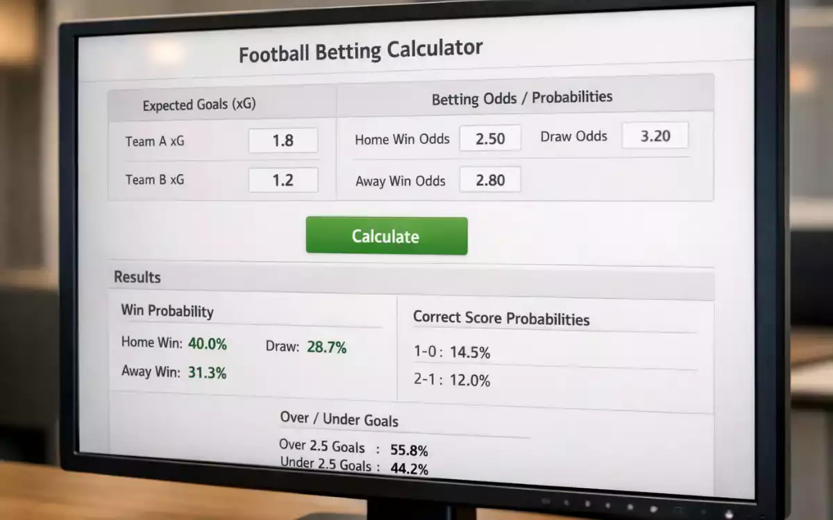 Interfaz de calculadora de probabilidades de f&uacute;tbol en pantalla de ordenador