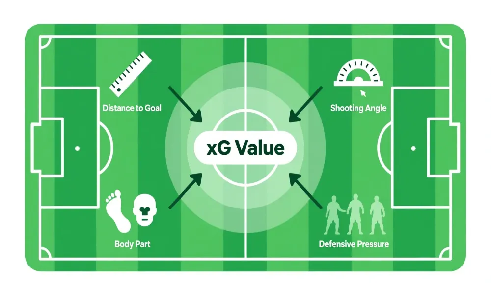 Infograf&iacute;a mostrando los factores de c&aacute;lculo de Expected Goals: distancia, &aacute;ngulo, presi&oacute;n defensiva