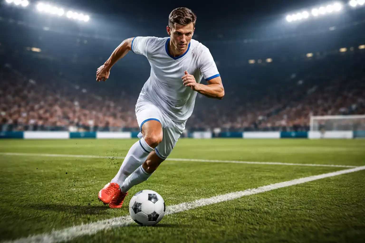 Extremo de fútbol conduciendo el balón hacia el área rival