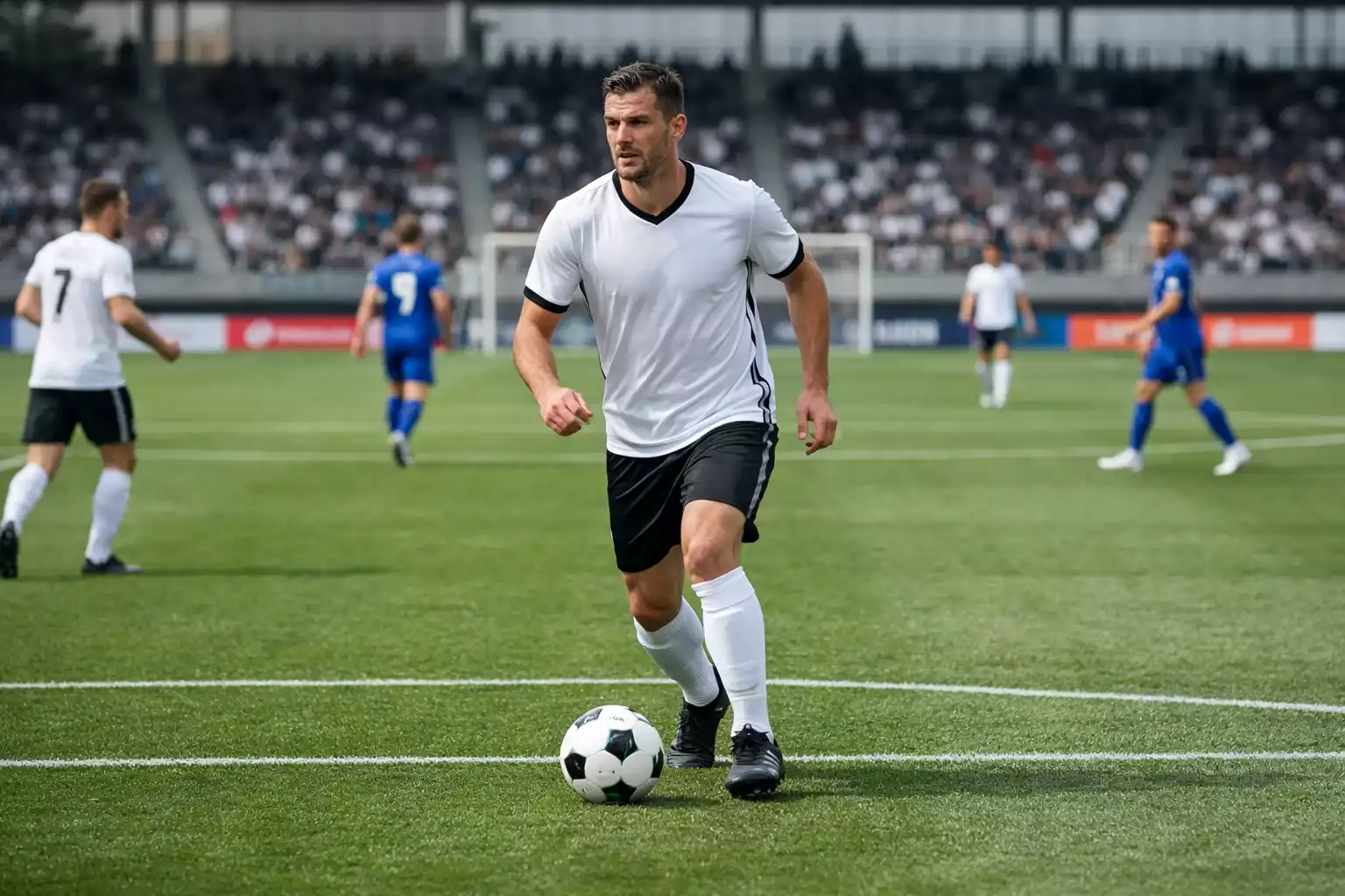 Central de f&uacute;tbol saliendo con el bal&oacute;n controlado desde su &aacute;rea