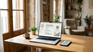 Espacio de trabajo minimalista con dispositivos mostrando interfaz de pago digital en España