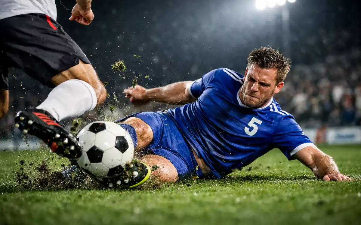 Jugador de fútbol realizando una entrada defensiva durante un partido
