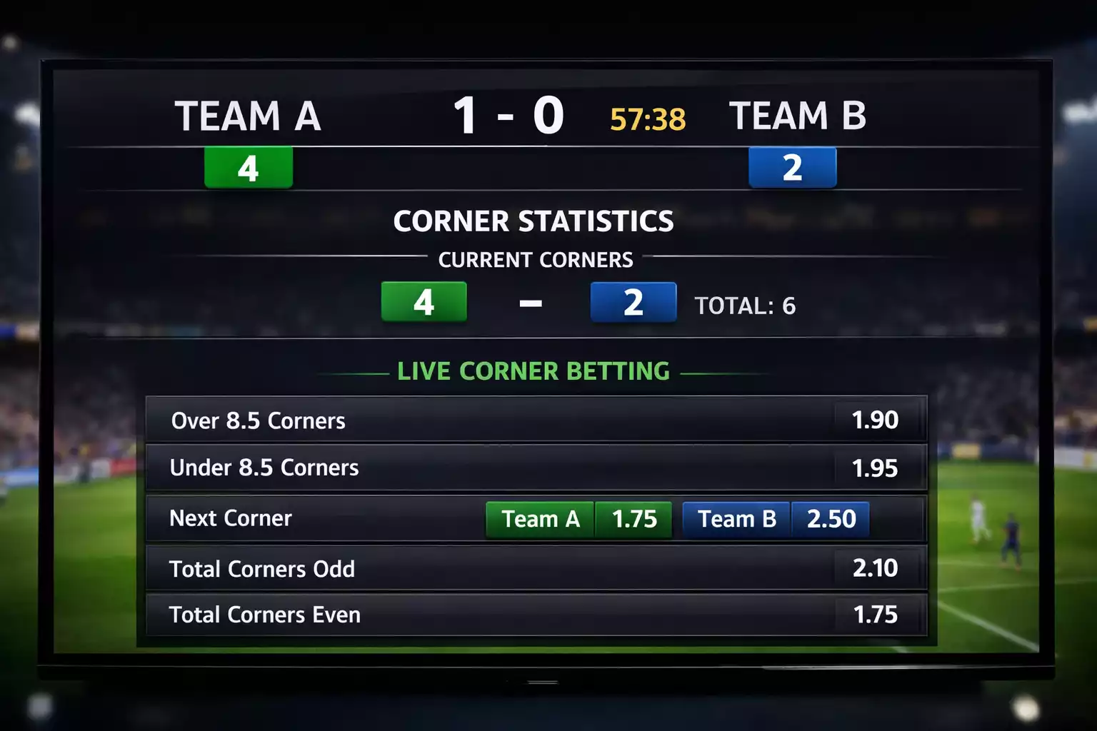 Pantalla de apuestas en vivo mostrando estad&iacute;sticas de c&oacute;rners en tiempo real