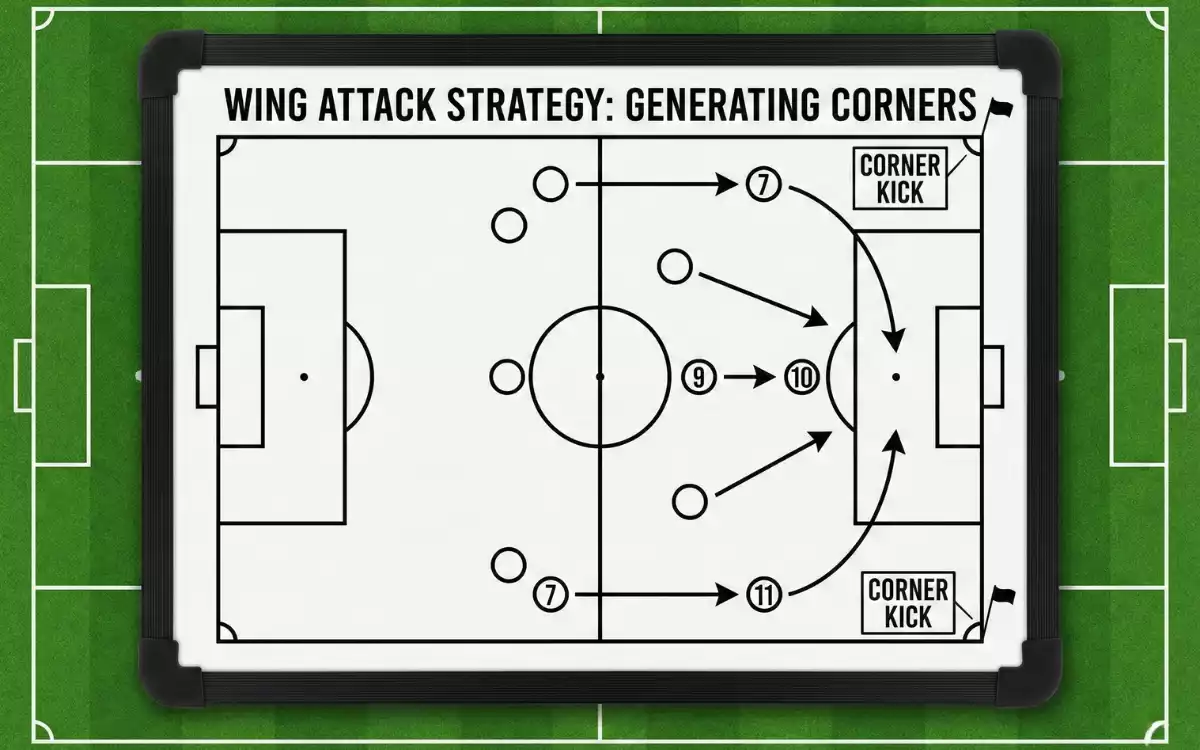 Diagrama t&aacute;ctico mostrando ataques por banda que generan c&oacute;rners
