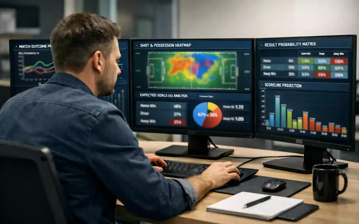 Analista trabajando con modelos estadísticos avanzados de fútbol en pantallas
