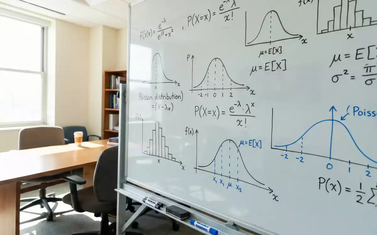 F&oacute;rmulas matem&aacute;ticas y gr&aacute;ficos de distribuci&oacute;n de probabilidad en una pizarra