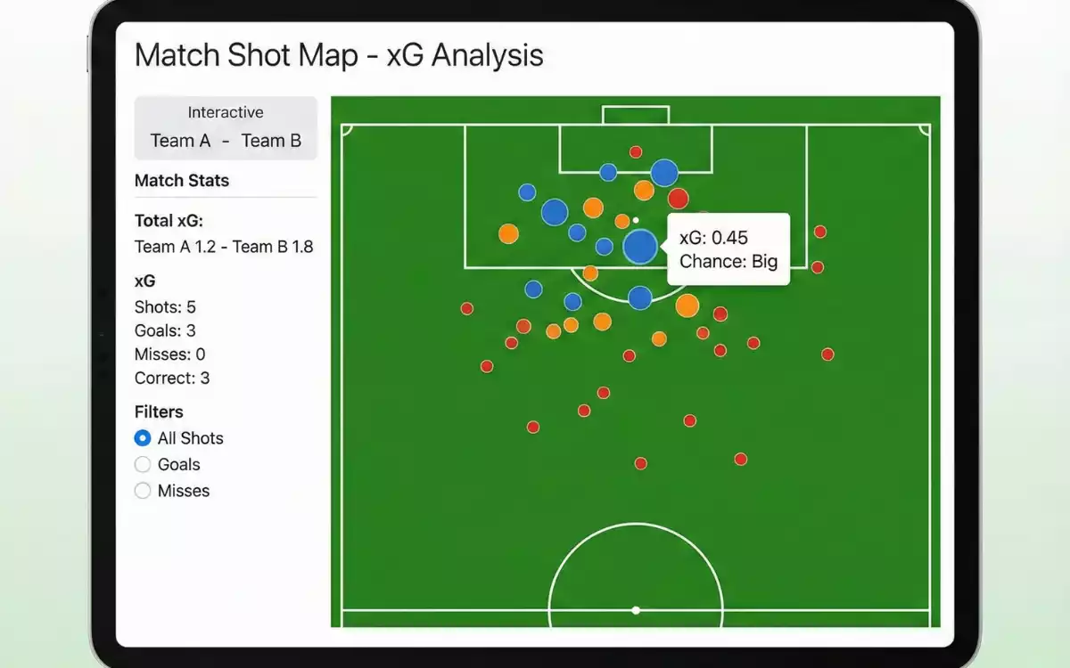Mapa de tiros xG mostrando posiciones y valores de disparos