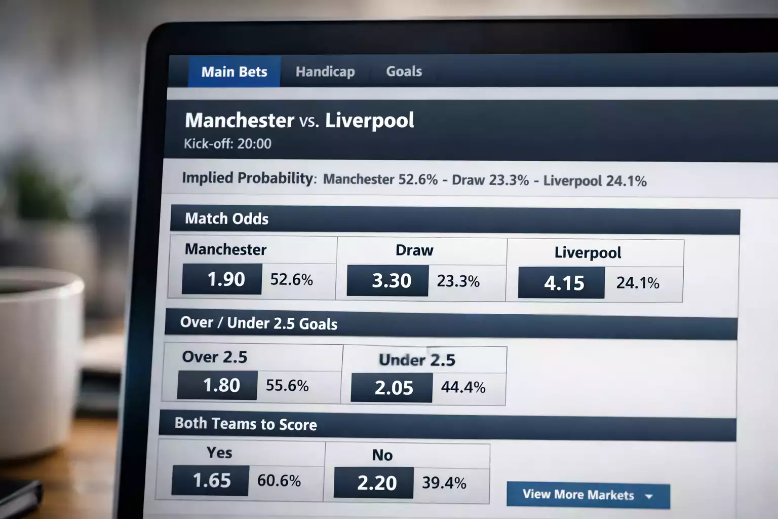 Pantalla de casa de apuestas mostrando cuotas de un partido de f&uacute;tbol