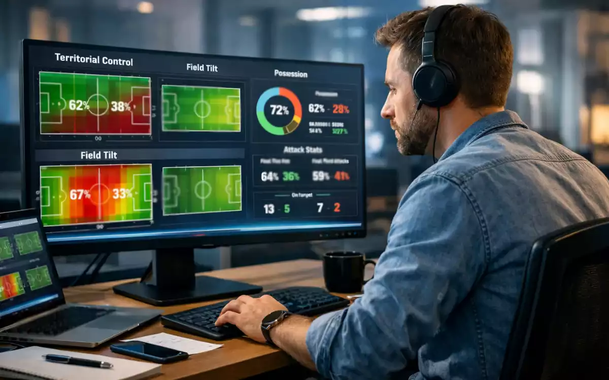 Analista deportivo estudiando gr&aacute;ficos de dominio territorial en un partido de f&uacute;tbol