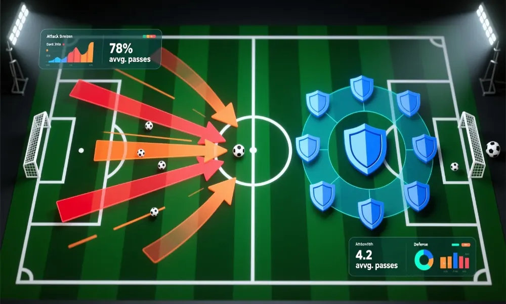 Diagrama t&aacute;ctico mostrando la fuerza atacante y defensiva de un equipo de f&uacute;tbol