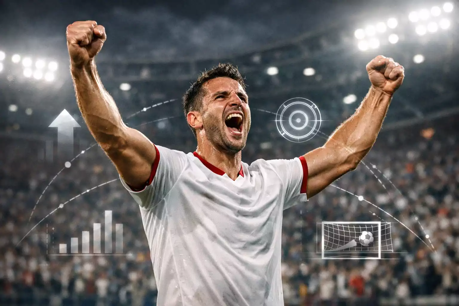Delantero de f&uacute;tbol celebrando un gol con estad&iacute;sticas superpuestas