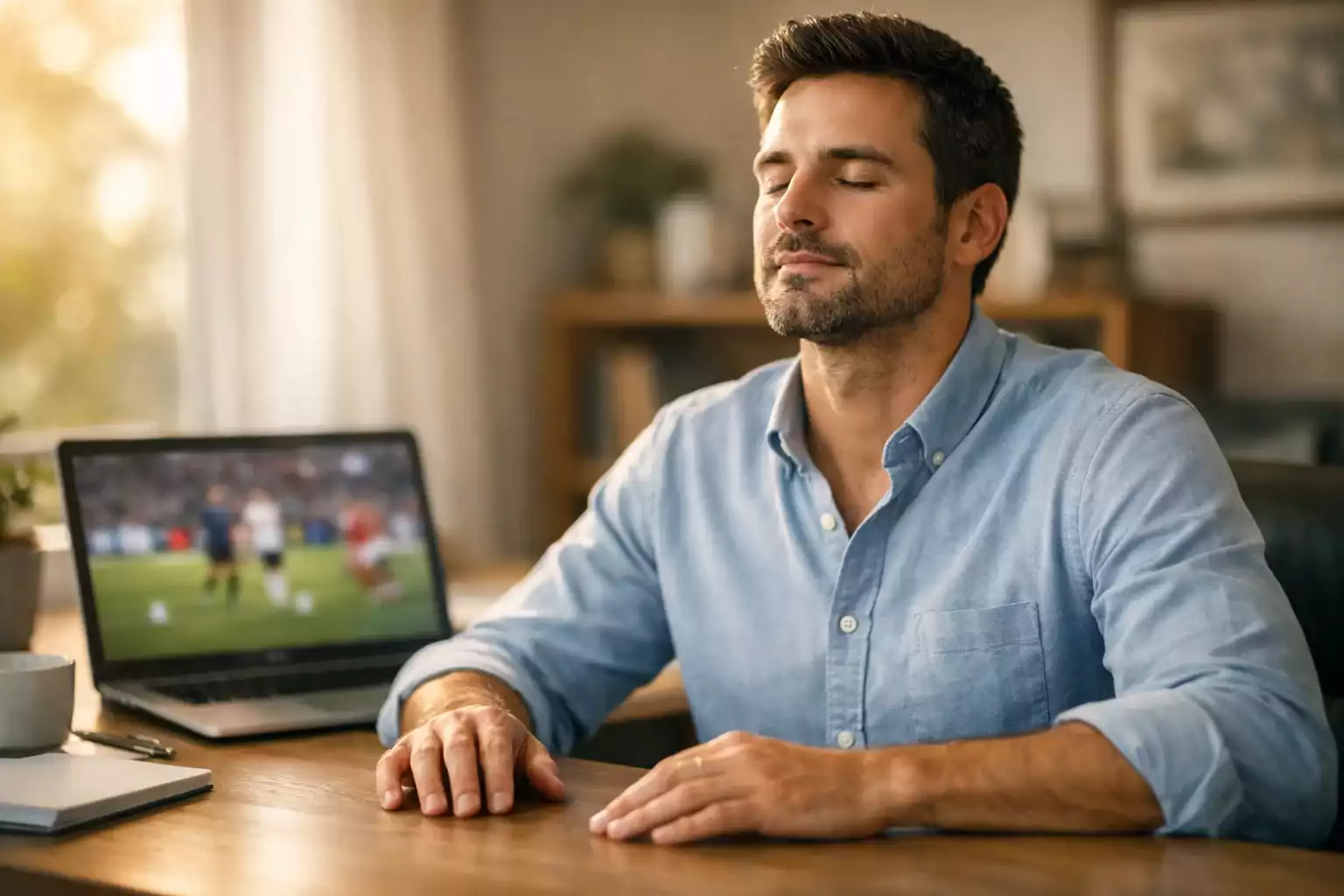 Apostador concentrado manteniendo la calma frente a pantallas de apuestas