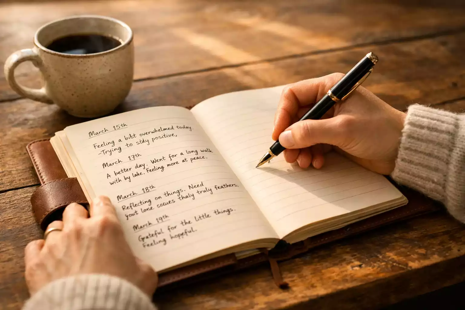 Persona escribiendo en un diario de emociones junto a una taza de caf&eacute;