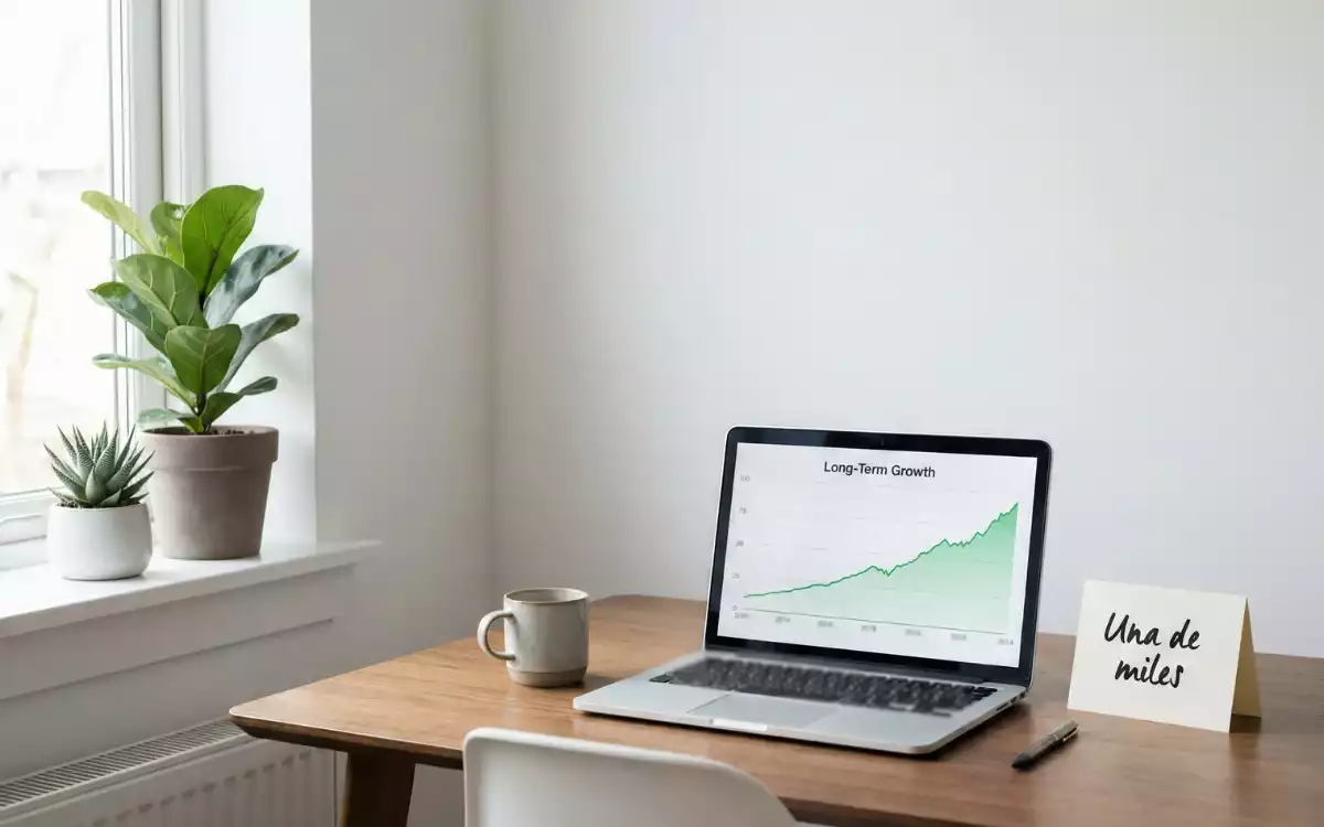 Espacio de trabajo ordenado con laptop mostrando gr&aacute;ficos de rendimiento a largo plazo