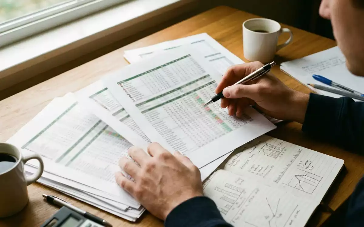 Persona estudiando estad&iacute;sticas deportivas con bloc de notas y bol&iacute;grafo