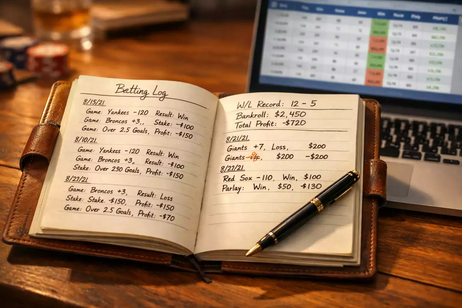 Cuaderno abierto con registro de apuestas junto a laptop mostrando estadísticas