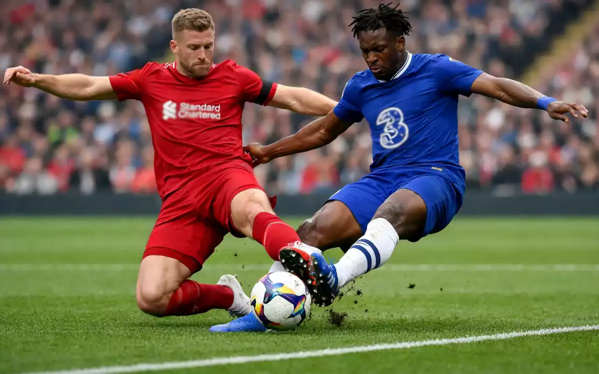 Jugadores de f&uacute;tbol disputando un bal&oacute;n dividido en el centro del campo