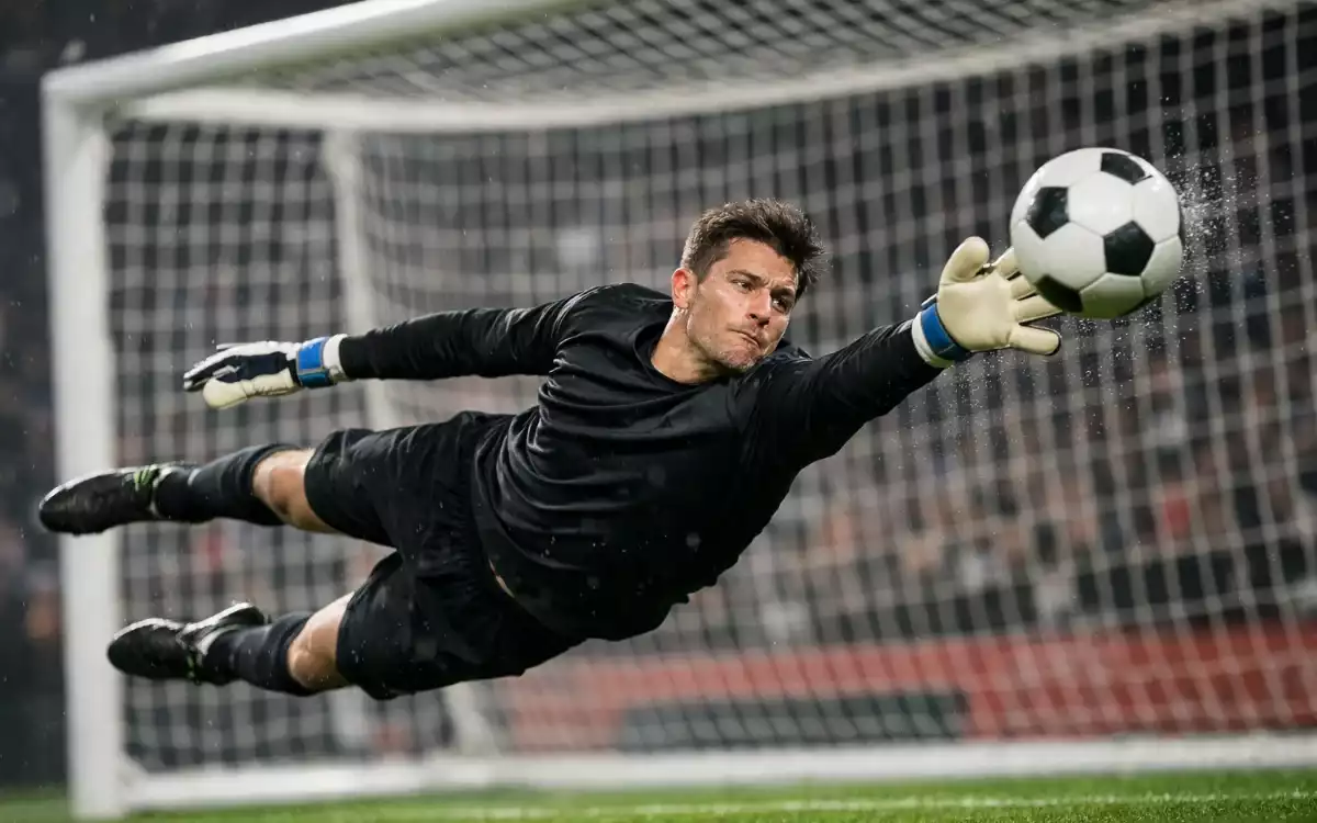 Portero de f&uacute;tbol lanz&aacute;ndose para intentar detener un disparo