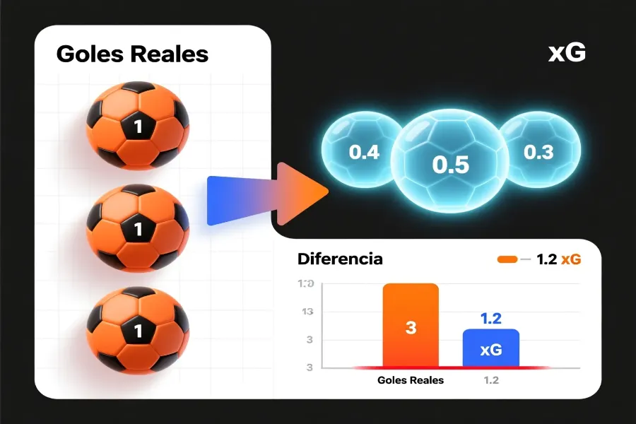 Comparaci&oacute;n visual entre goles reales marcados y Expected Goals xG con diferencia destacada