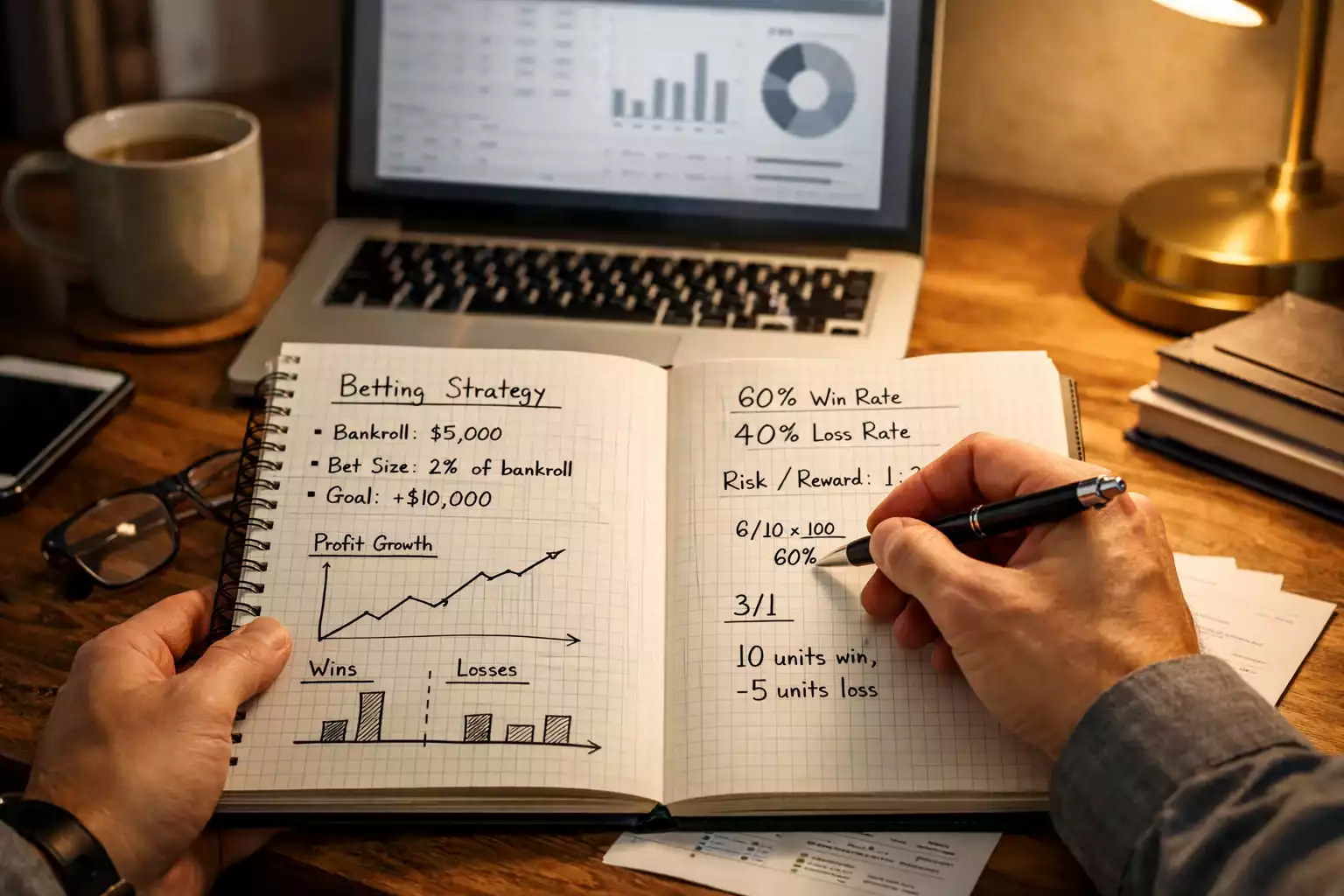 Persona analizando su estrategia de apuestas con notas y gr&aacute;ficos