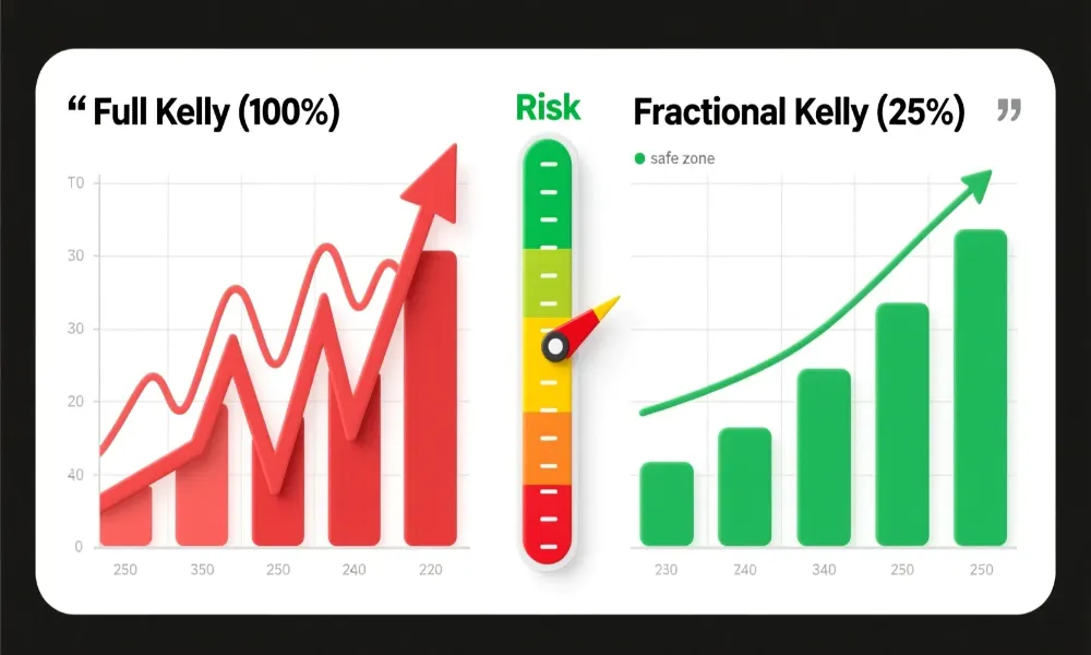 Comparaci&oacute;n entre Kelly completo y Kelly fraccionario mostrando diferencias de volatilidad y riesgo