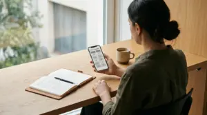 Persona analizando aplicaciones de apuestas en un smartphone sobre mesa de trabajo