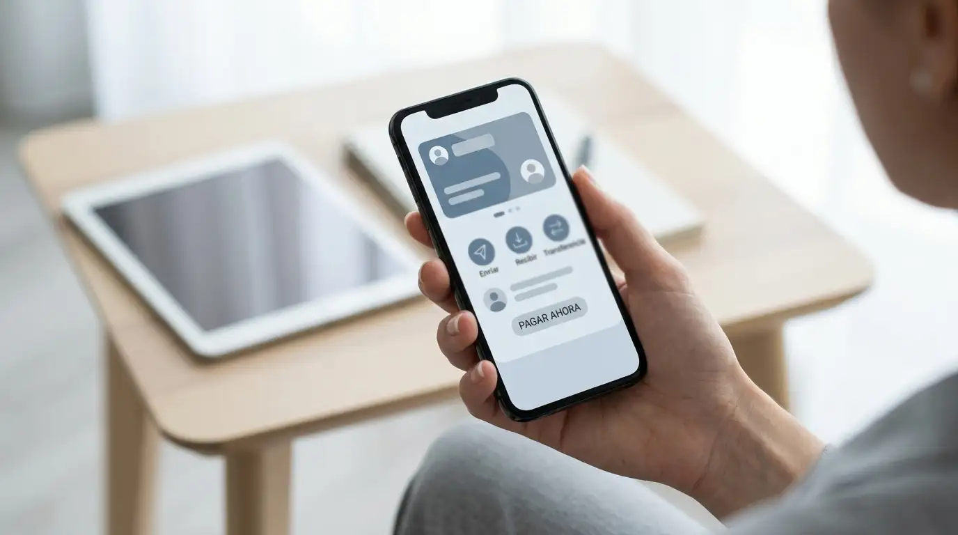 Interfaz de pago digital en dispositivo móvil con opciones de transferencia abstractas