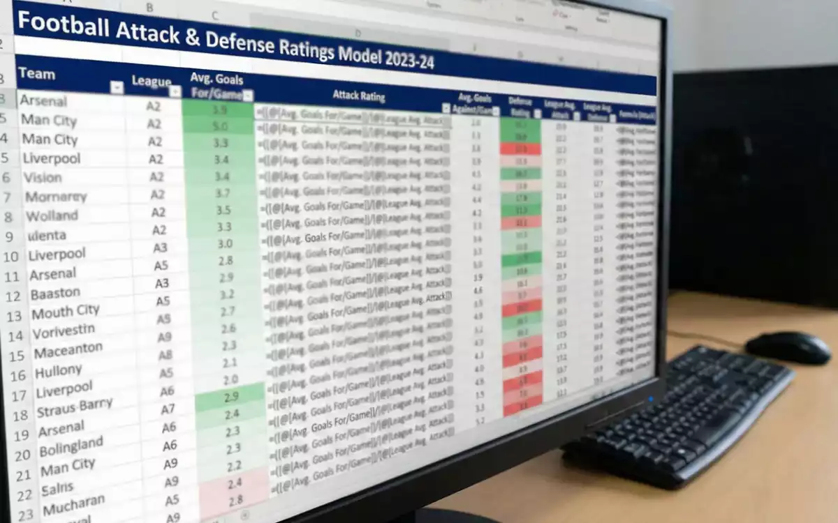 Tabla Excel mostrando c&aacute;lculo de fuerzas de ataque y defensa
