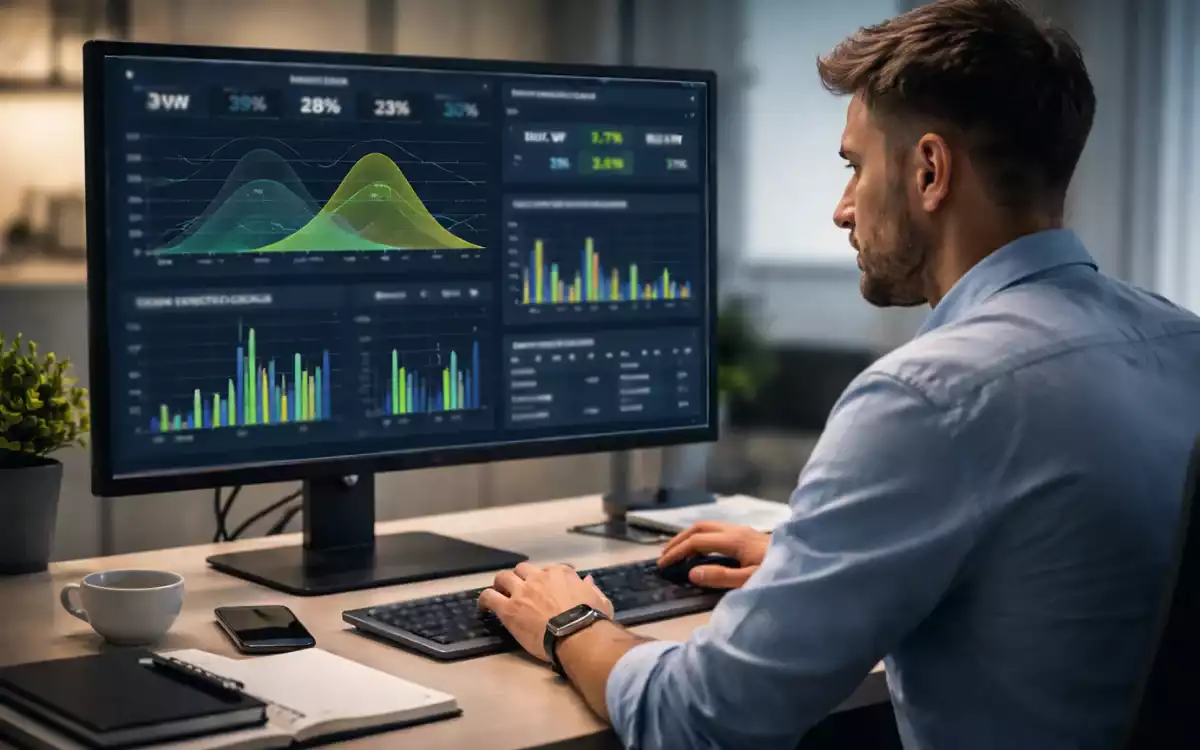 Analista deportivo trabajando con datos estadísticos de fútbol en una pantalla