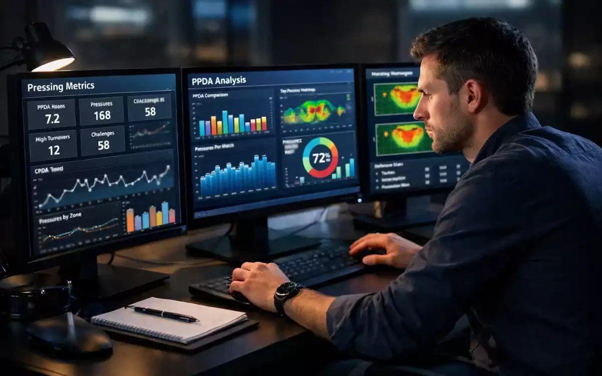 Analista deportivo trabajando con estad&iacute;sticas de f&uacute;tbol en m&uacute;ltiples pantallas