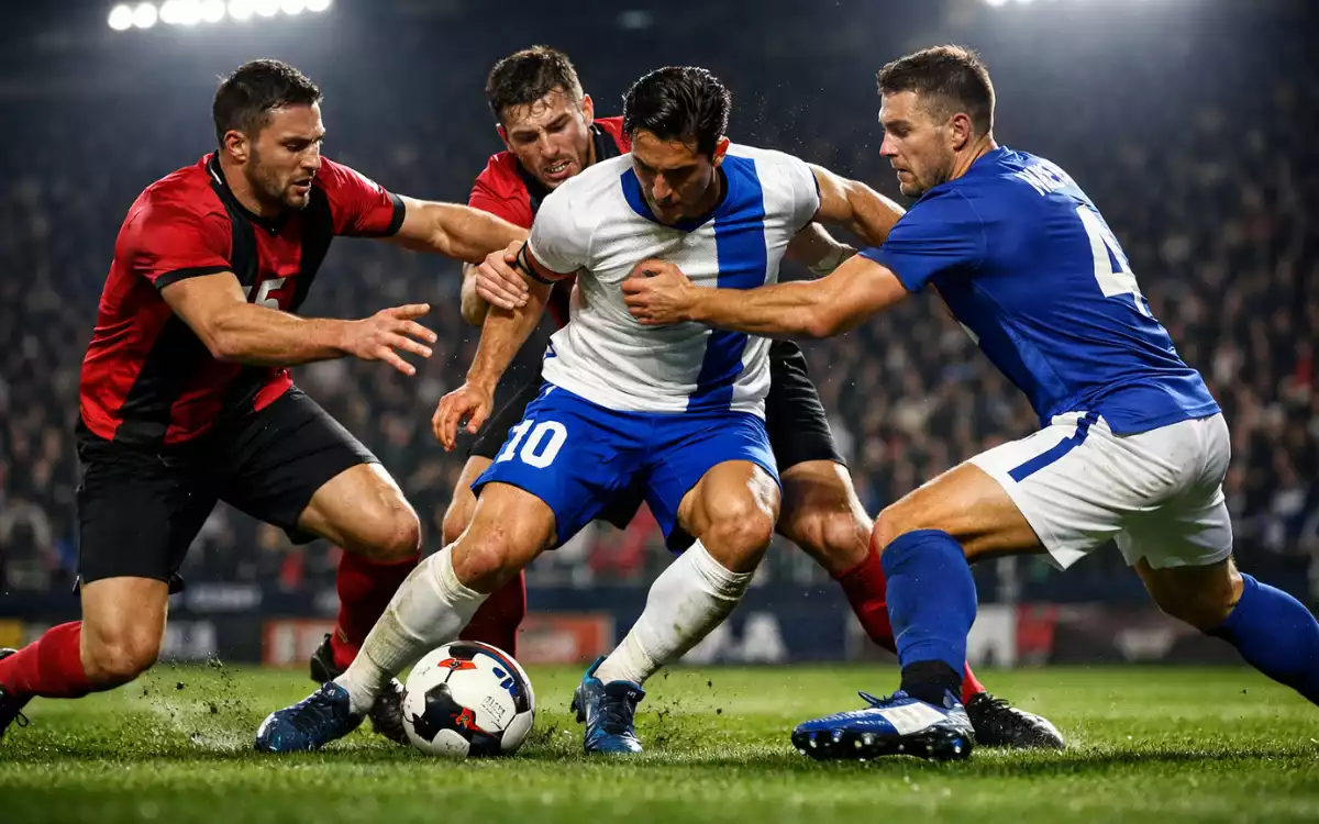 Jugadores de fútbol presionando al rival en el campo