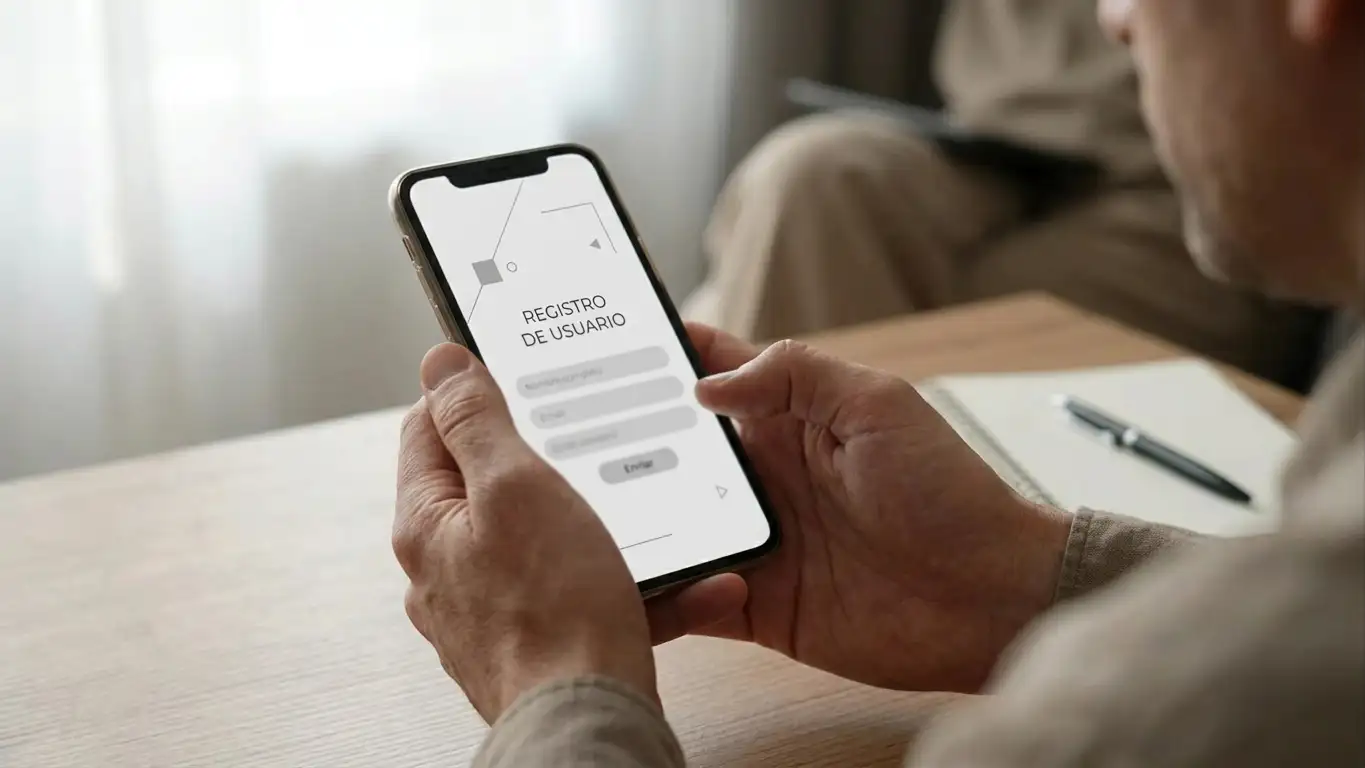 Manos interactuando con smartphone durante proceso de registro en plataforma de pago