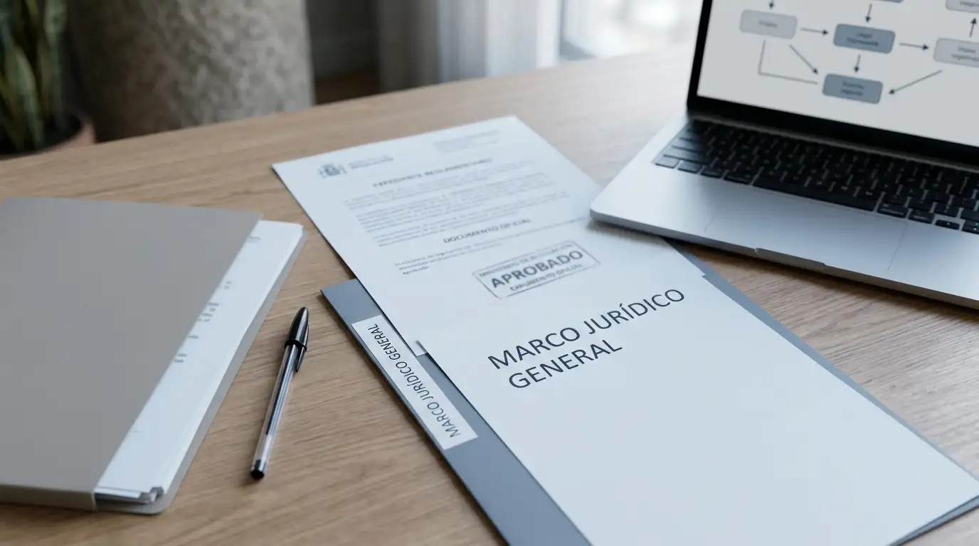 Documentos oficiales y sello regulatorio sobre escritorio representando marco legal de apuestas