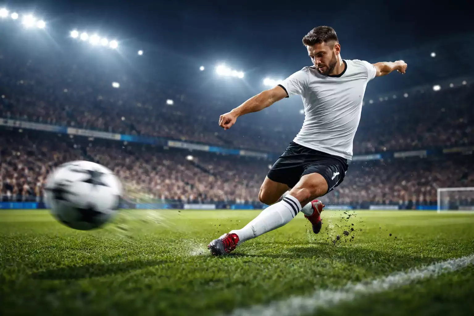 Delantero de fútbol ejecutando un disparo potente a portería