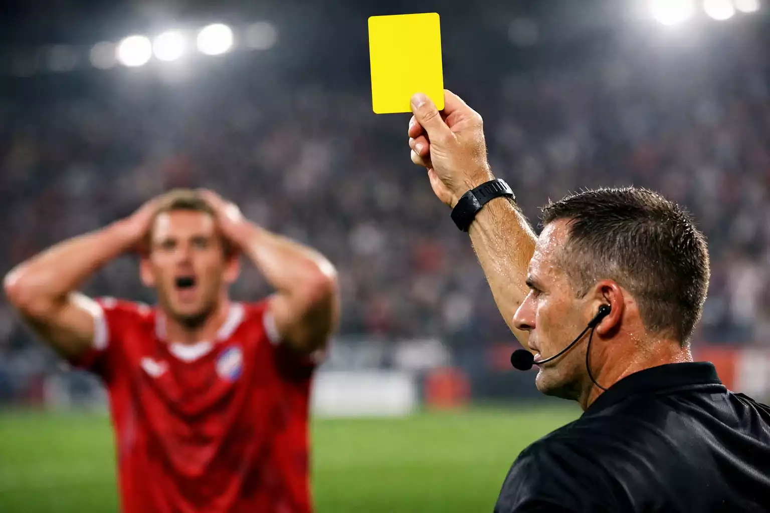 Árbitro mostrando tarjeta amarilla durante un partido de fútbol