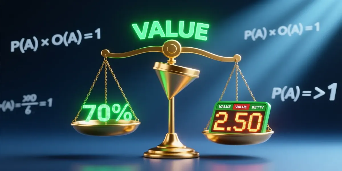 Concepto de value betting con balanza comparando probabilidad real y cuotas de apuestas