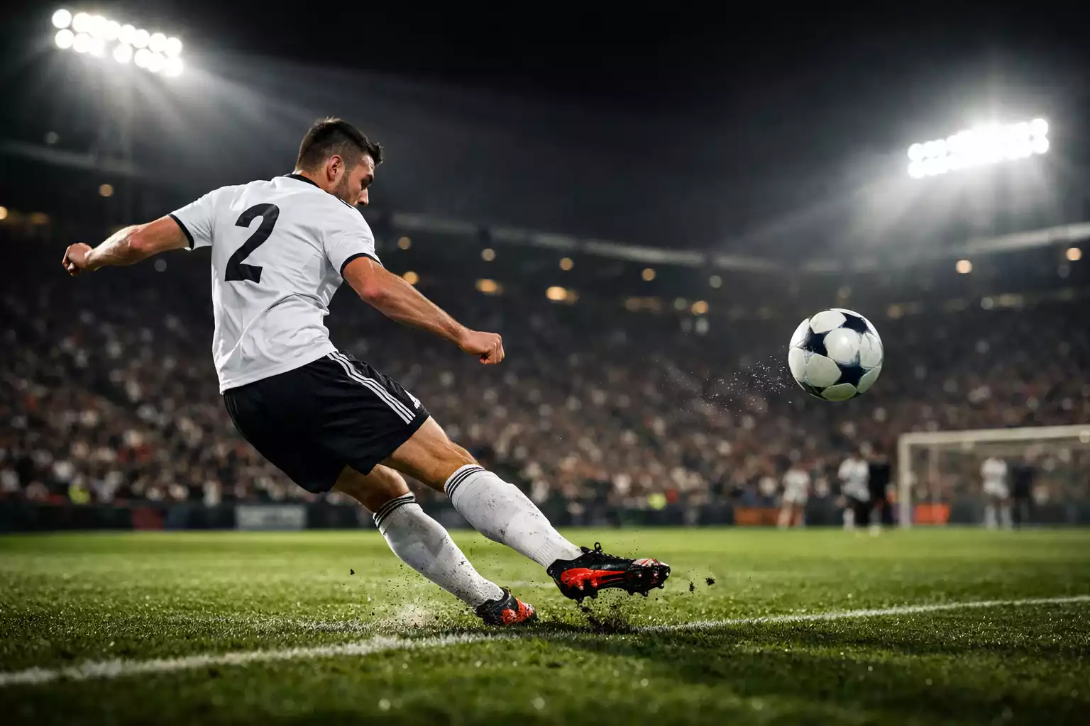 Lateral ofensivo realizando un centro al &aacute;rea durante un partido nocturno