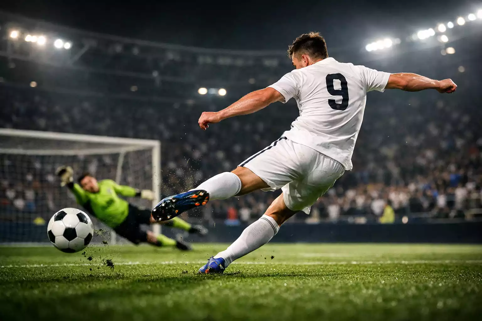 Jugador de fútbol disparando a portería en un estadio iluminado