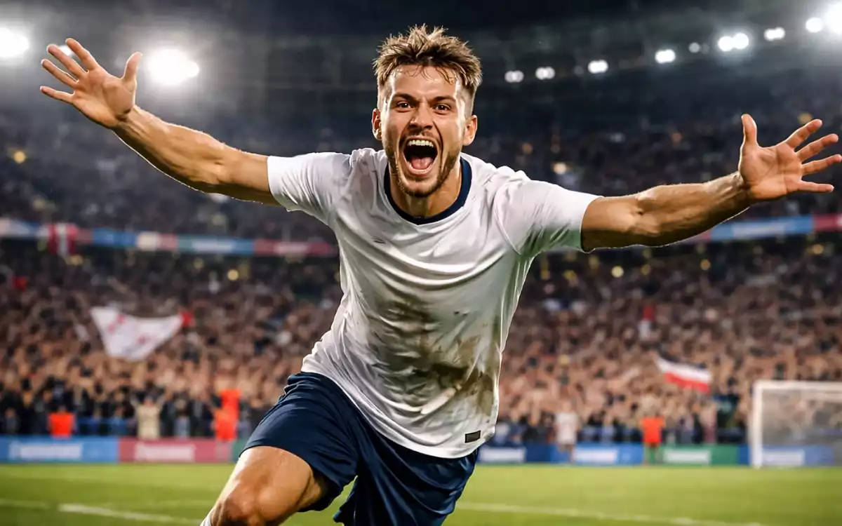 Delantero de f&uacute;tbol profesional celebrando un gol en un estadio lleno de aficionados