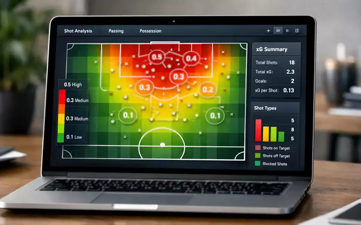 Pantalla de ordenador mostrando an&aacute;lisis de datos de f&uacute;tbol con gr&aacute;ficos de posiciones de disparo